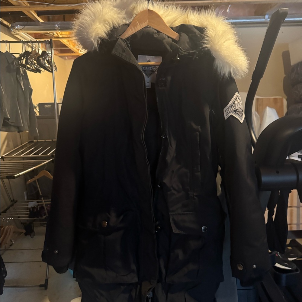 Roots Black Bomber Jacket with Fur Hood